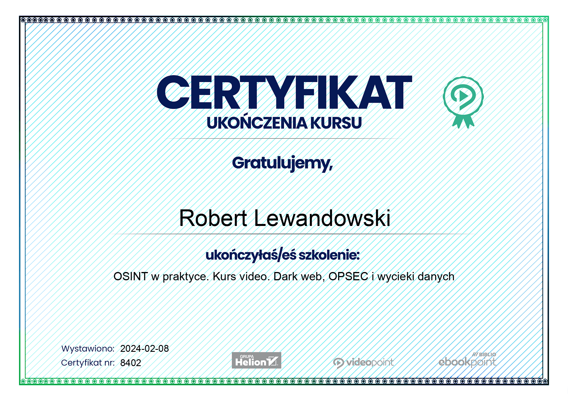 Certyfikat ukończenia kursu OSINT w praktyce. Kurs video. Dark web, OPSEC i wycieki danych